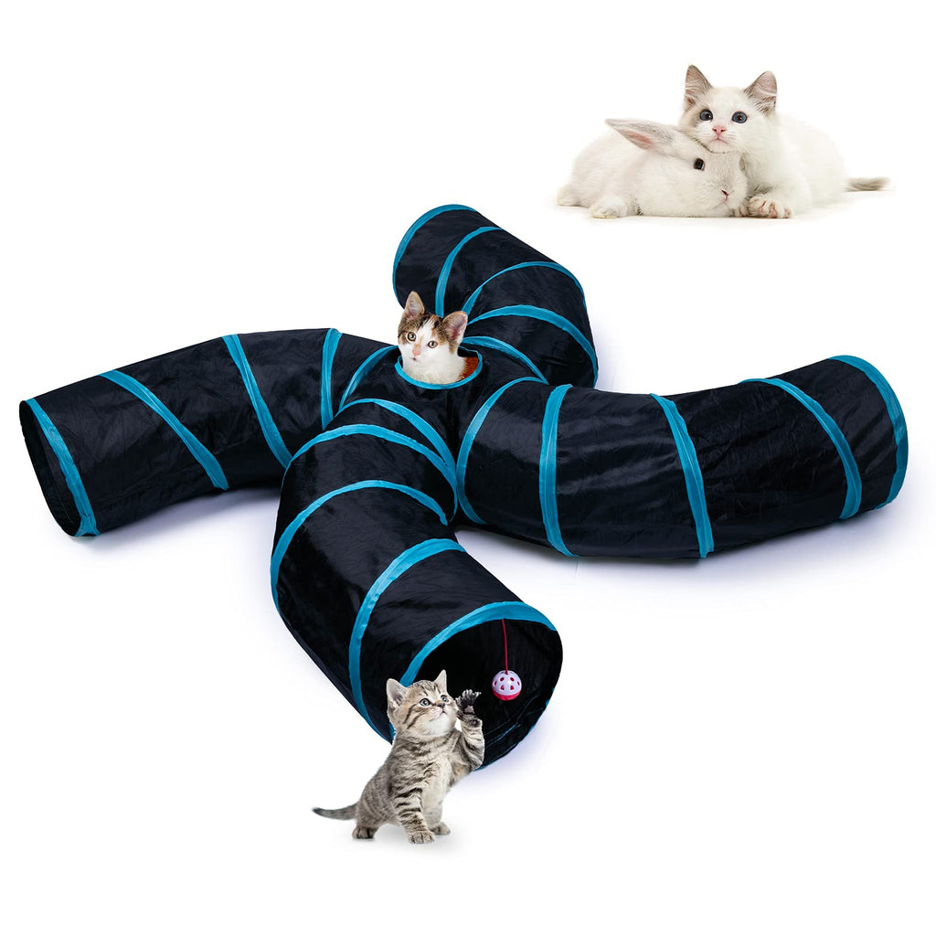 EGETOTA Cat Tunnel, 4 Way S Shape Collapsible Tube with Interactive Ball & Storage Bag, Pet Toys for Small Pets, Cat, Puppy, Kitty, Kitten, Rabbit (Black & Blue) Black & Blue - PawsPlanet Australia