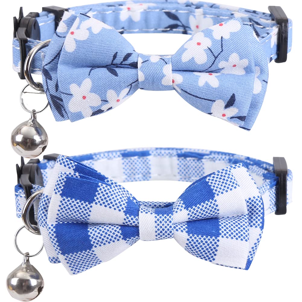 Lamphyface 2 Pack/Set Cat Collar Breakaway with Cute Bow Tie and Bell Plaid Flower for Kitty Adjustable Safety blue - PawsPlanet Australia