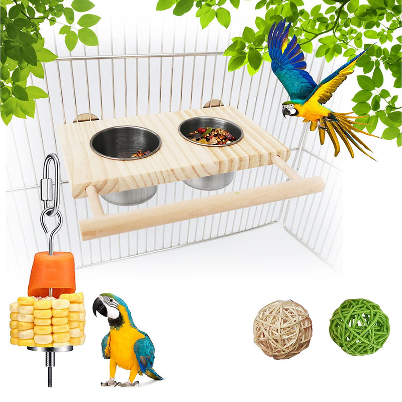 Calymmny Bird Feeding Dish Cups with Wooden Platform, Hanging Stainless Steel Parrot Cage Feeder Water Bowl with Hanging Food Holder Chewing Balls for Parakeet Cockatiels Lovebirds Budgie Pigeons - PawsPlanet Australia