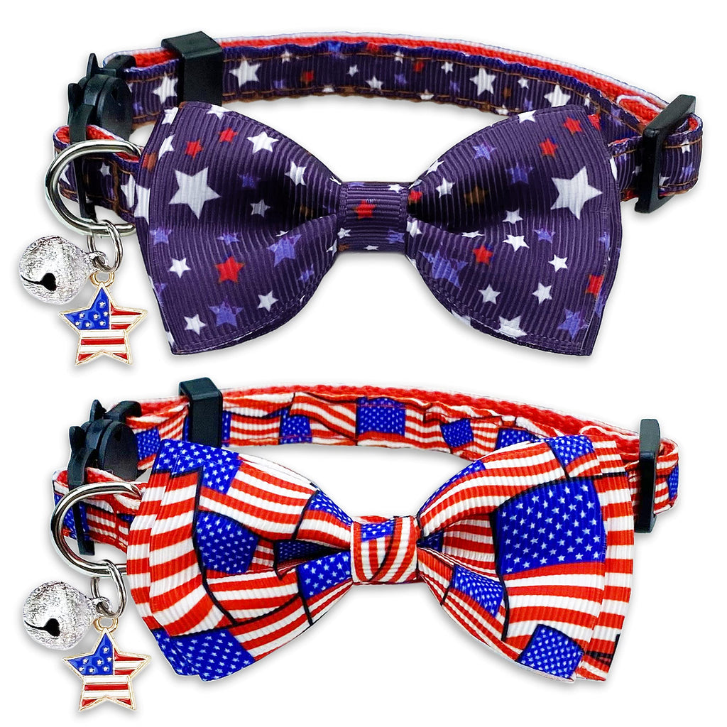 4th of July Cat Bow Tie Collar with Bell, Independence American Holiday Kitty Kitten Patriotic USA Flag Collars for Boys Girls Male Female Cats Pattern 1 - PawsPlanet Australia