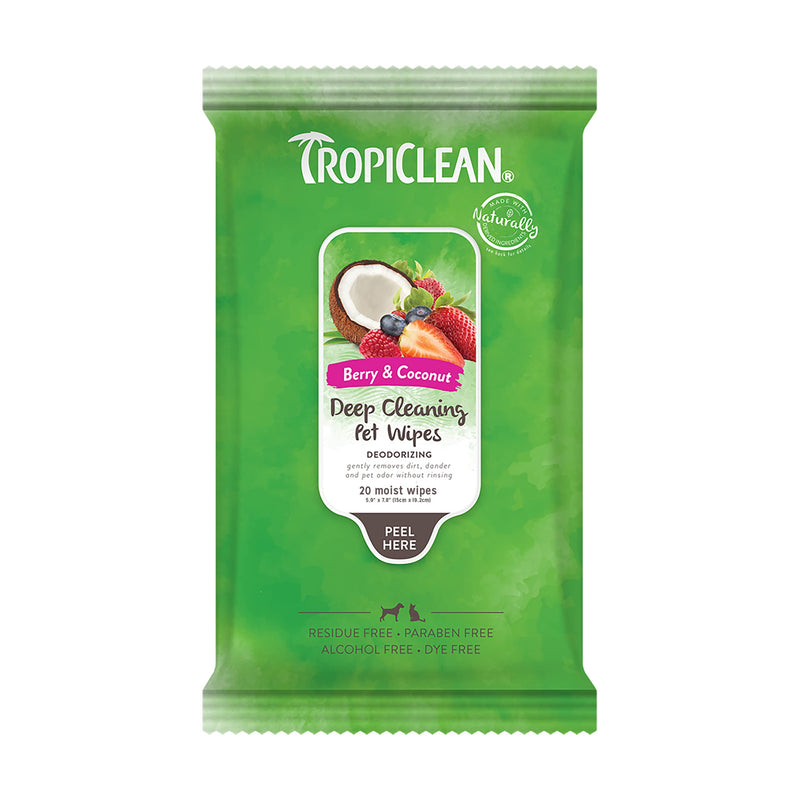 TropiClean Pet Wipes - Wipes for Dogs and Cats - Gently Removes Dirt, Dander and Smells - for Pet Paws, Face, Body and Butt 20 ct Deep Cleaning Berry & Coconut - PawsPlanet Australia