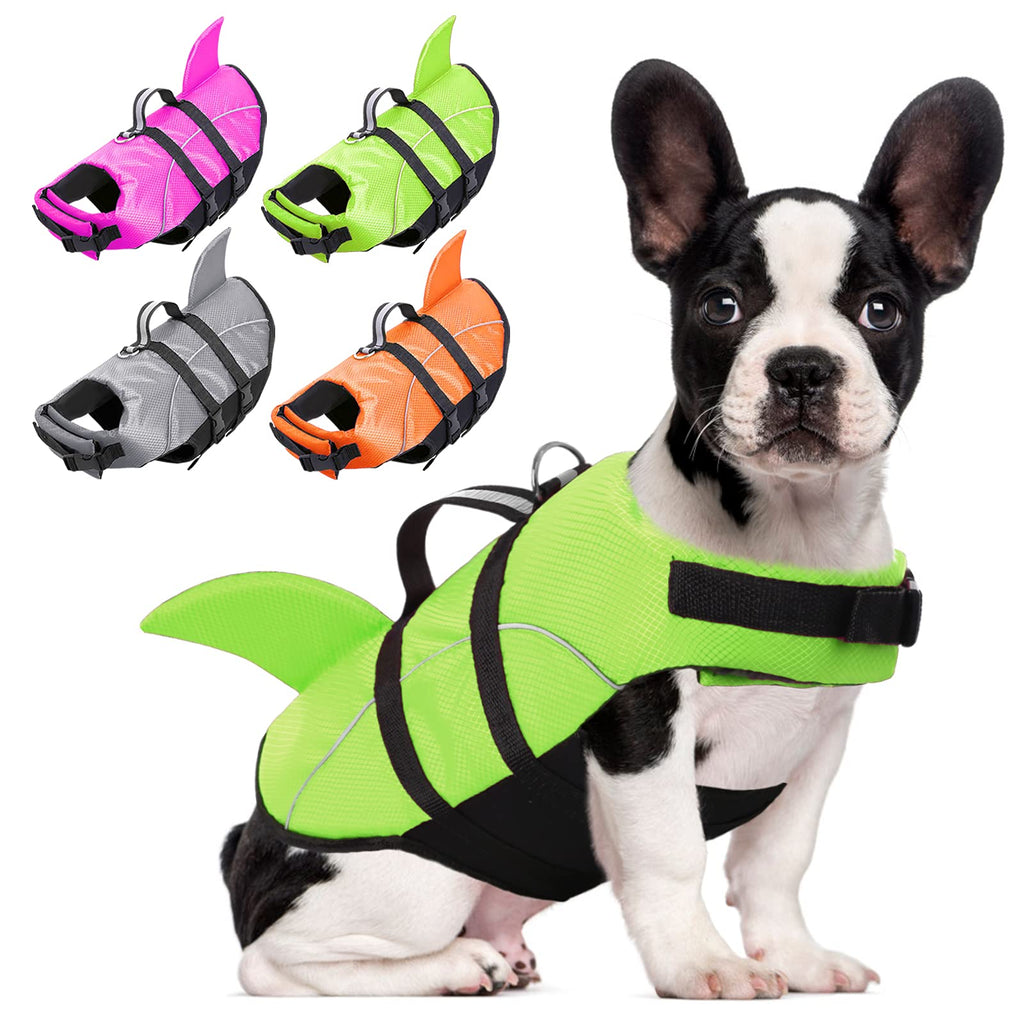 AOFITEE Dog Life Jackets Ripstop Pet Life Vest, Reflective Dog Float Coat, Safety Lifesaver Life Preserver with Shark Fin & Rescue Handle for Small Medium Large Dogs X-Small (Pack of 1) Green - PawsPlanet Australia