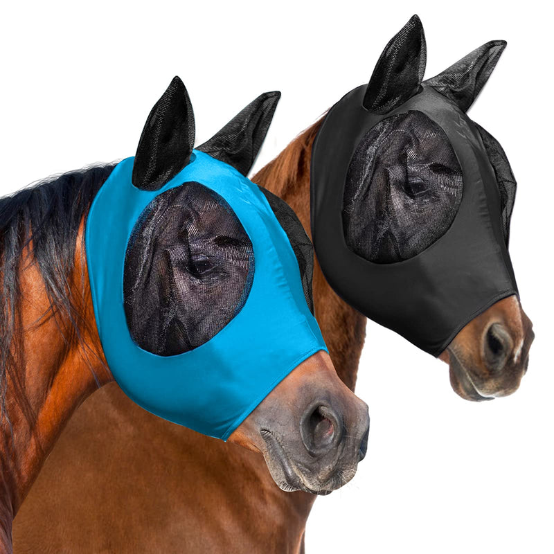 2 Pieces Horse Fly Mask, Horses Mask with Ears and Long Nose Protection, Smooth & Elasticity Lycra Fine Mesh Horse Head Cover with UV Protection (Black,Blue, L) Black,Blue - PawsPlanet Australia