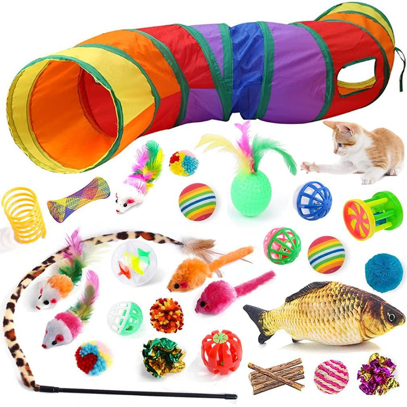 32 PCS Cat Toys Kitten Toy Tunnel, Upgraded S-Shape Cat Tunnels Interactive Cat Feather Toy Catnip Fish Fluffy Mouse Crinkle Balls and Bells Toy for Cat Puppy Kitty Kitten - PawsPlanet Australia