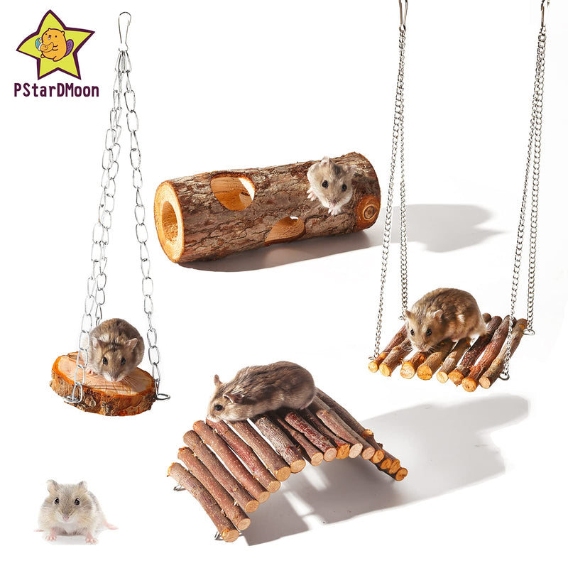 Natural Wooden Hamster Mouse Toys, Tunnel Tube Toy, Swing, Arch Bridge,Wooden Swing, Forest Hollow Tree Trunk, Activity Platform Rat Climb Stand Playground Rodents Toys Style 1 - PawsPlanet Australia