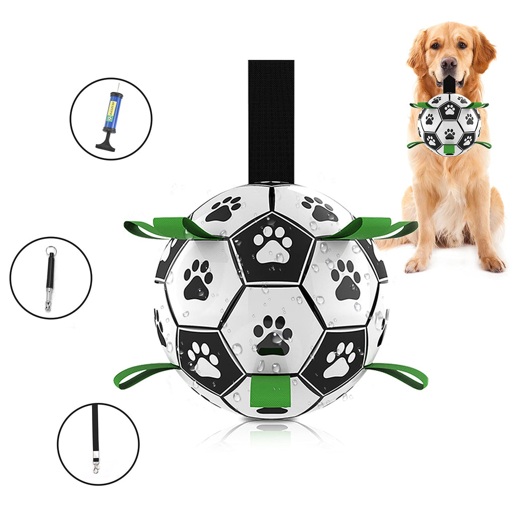Dog Soccer Ball with Grab Tabs, Interactive Dog Toy for Small & Medium Dogs, Includes Whistle & Air Pump, Durable Dog Balls for Tug of War & Water Play (6 Inch) - PawsPlanet Australia