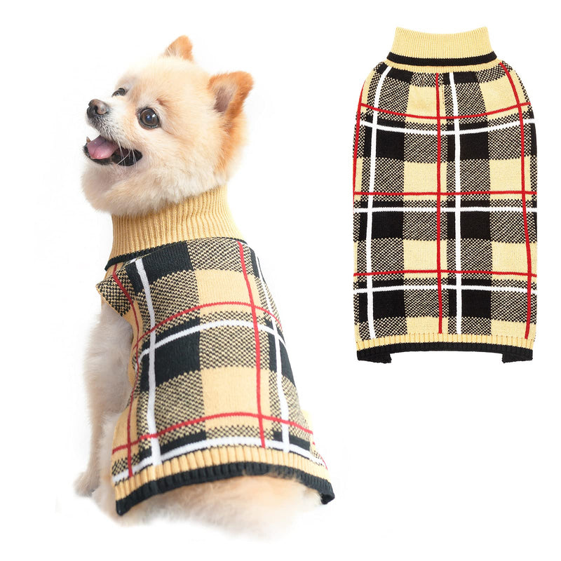 Dog Sweater Pet Knitted Clothes - Classic Plaid Pull Over Turtleneck Dog Sweaters with Leash Hole Warm Dogs Winter Clothing for Small Medium Dogs Cats Puppy S-Medium Beige - PawsPlanet Australia