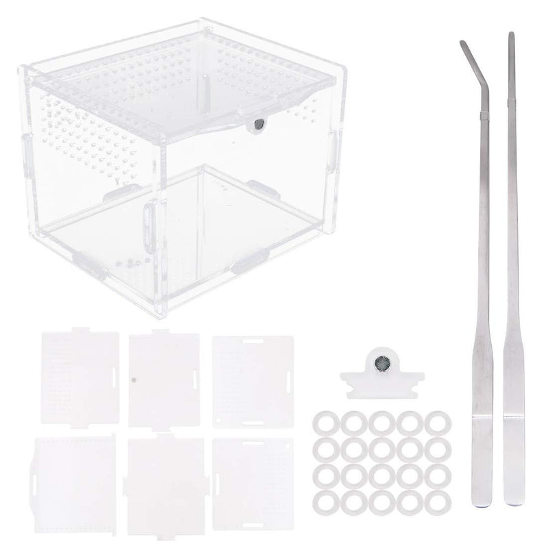Acrylic Reptile Feeding Box 3.9x3.15x2.75 inch Transparent Glass Breeding Box Terrarium with 2 Pcs Straight and Curved Tweezers for Pet Insect Spider Crickets Snails Hermit Crabs Lizard - PawsPlanet Australia