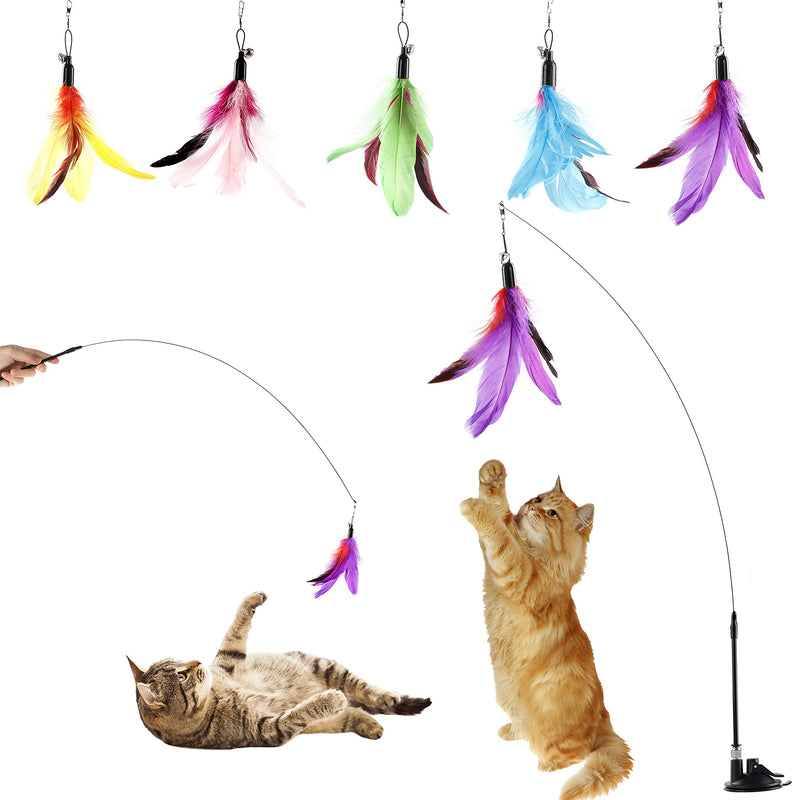 Cat Feather Toys Interactive Cats - Dorakitten Cat Powerful Suction Cup Handheld Teaser Wand Toy and 5PCS Replacement Feather with Bell for Kitty Kitten Scratching Exercise Indoor - PawsPlanet Australia