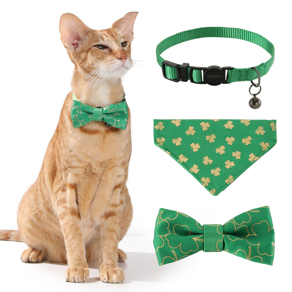 FUKUMARU 3 Pcs Cat Collar, Christmas Cat Collar with Cute Bow Tie and Bell, for Girl Boy Pet Collar, Breakaway, Adjustable, Green XS - PawsPlanet Australia