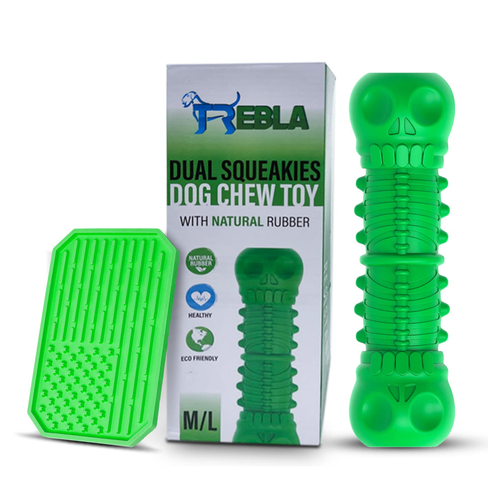 Dog Chew Toy - Toughest Durable Natural Rubber Skull Bones Dogs Toy for Aggressive chewers | Almost Indestructible Squeaky Teeth Cleaning Chew for Medium / Large Dogs - Green - PawsPlanet Australia
