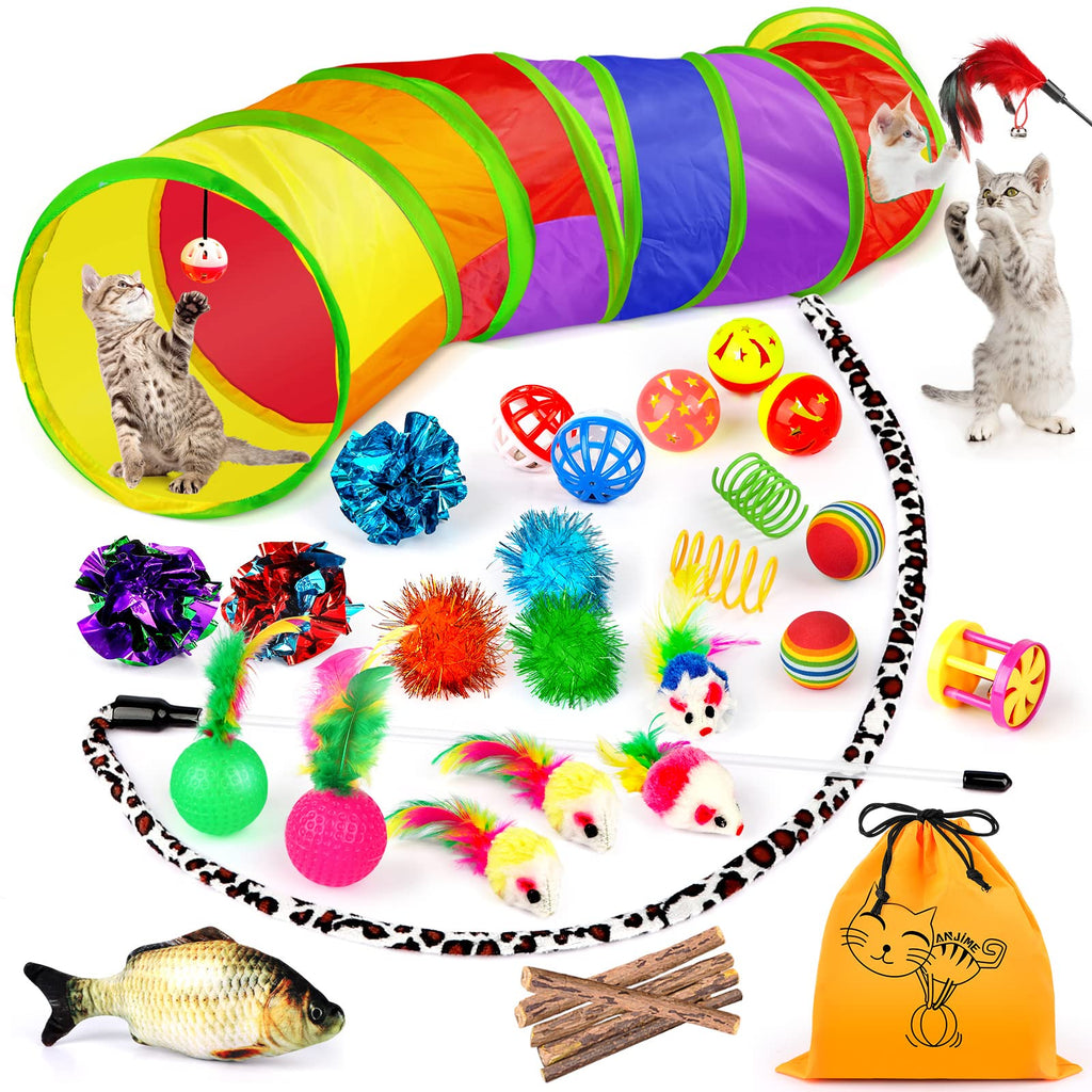 32 PCS Cat Toys Kitten Toys, Variety Catnip Toys with Rainbow Tunnel Interactive Cat Feather Teaser Fluffy Mouse Crinkle Balls Spring Toy Set for Cat, Kitty - PawsPlanet Australia