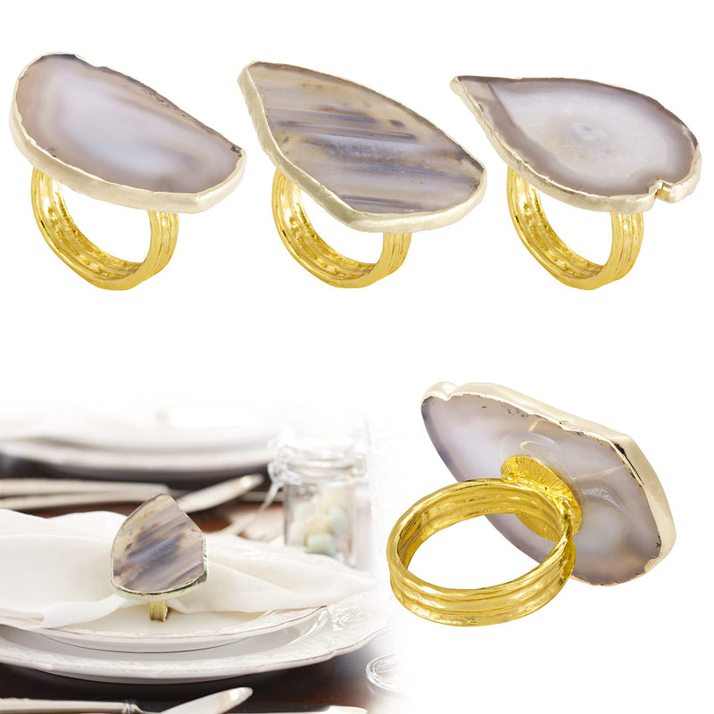 Cozy Tower Unique Set of 4 Gold Napkin Rings with Agate Slices,Metal Napkin Ring Holder with White Stone for Halloween Christmas Wedding Banquet Party Dinner Table Decorations for Farmhouse Natural Color - PawsPlanet Australia