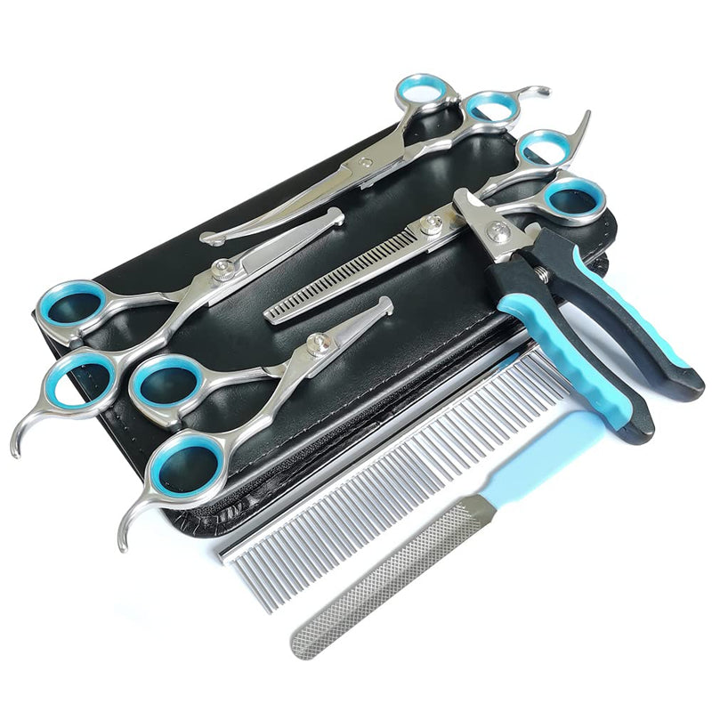 MAOCG Dog Grooming Scissors Set, Safety Round Blunt Tip Grooming Tools, Professional Curved,Thinning,Straight Scissors with Comb,nail cliper and nail file,Grooming Shears for Dogs and Cats. 4 Scissors Different Size - PawsPlanet Australia