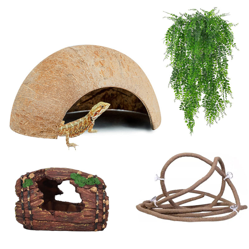 HERCOCCI Leopard Gecko Tank Accessories, Coconut Shell Hideout Cave Reptile Climbing Vine Habitat Decor with Hanging Reptile Plants for Chameleon Lizard Snake Hermit Crab - PawsPlanet Australia