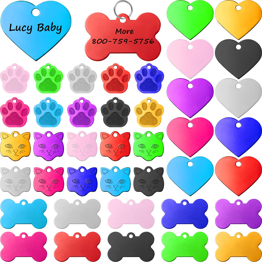 40 Pieces Pet ID Tag Colorful Blank Dog Tags Personalized Dog Tags Aluminum Pet Name with Bone Paw Heart Cat Head Shape Pet Name Phone Number ID Craft Tags with Holes for Dogs Cats Pets - PawsPlanet Australia