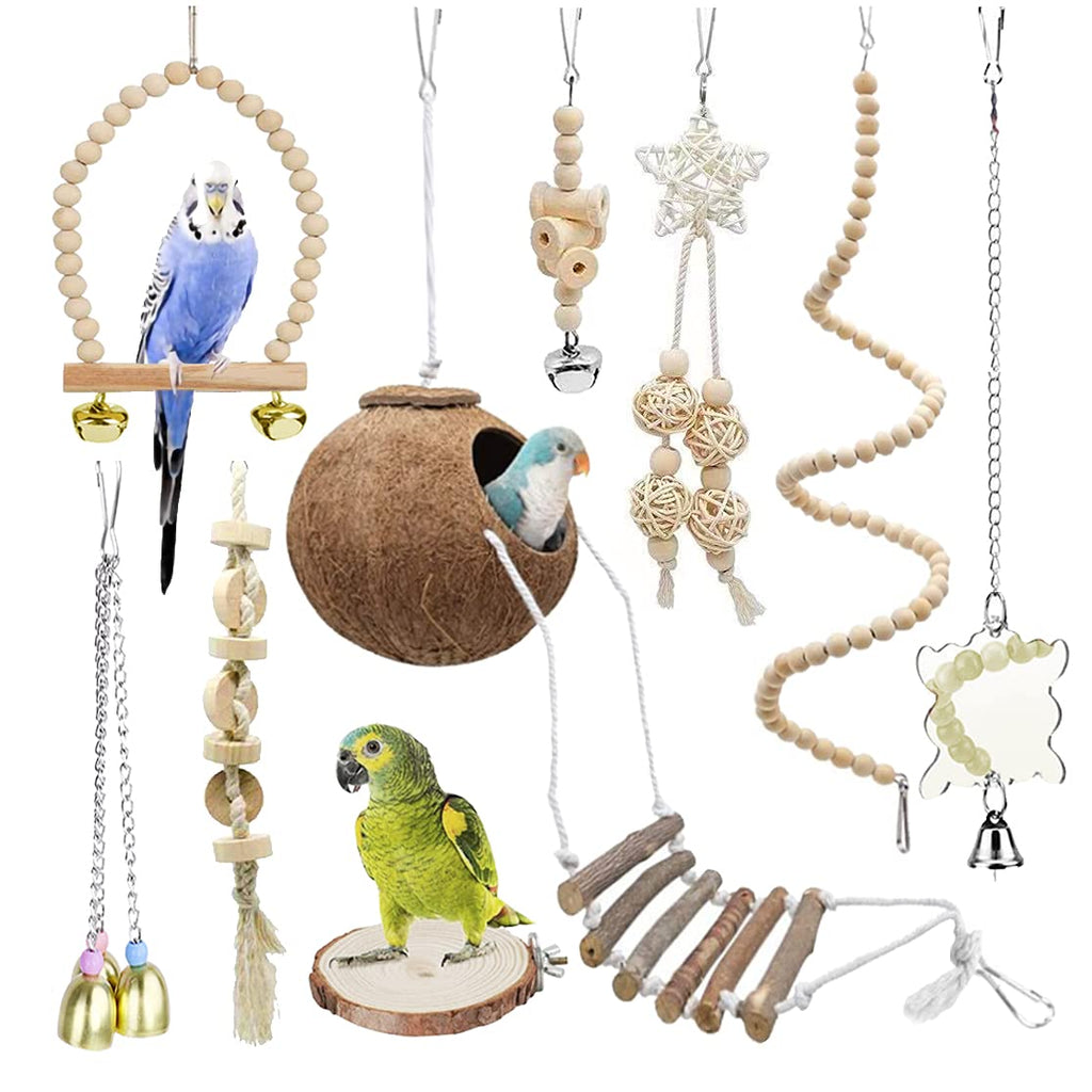 TOLMIOW 9 Pieces Parrots Chewing Natural Wood and Rope Bungee Bird Toy for Anchovies, Coconut Hideaway with Ladder ,Bird Perch Stand, Bird Cage Accessories, Parakeets, Cockatiel, Conure, Mynah, Macow - PawsPlanet Australia