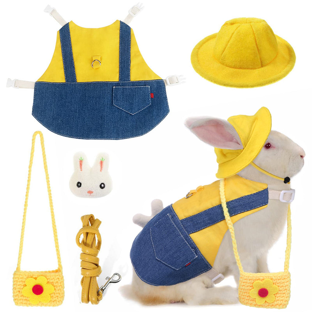 Pet Rabbit Dresses, Denim Small Animal Harness Vest and Leash Set, Guinea Pig Clothes with Mini Hat Bag, Towing Rope Accessory Set for Bunny Rabbits Hamsters Mini Cats Dogs and Small Animals - PawsPlanet Australia