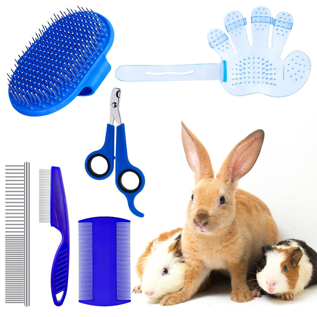6 Pieces Rabbit Grooming Kit Rabbit Grooming Brush Pet Hair Remover Shampoo Bath Brush with Adjustable Ring Handle Pet Nail Clipper Pet Comb Grooming Set for Rabbit Hamster Bunny Guinea Pig (Blue) Blue - PawsPlanet Australia