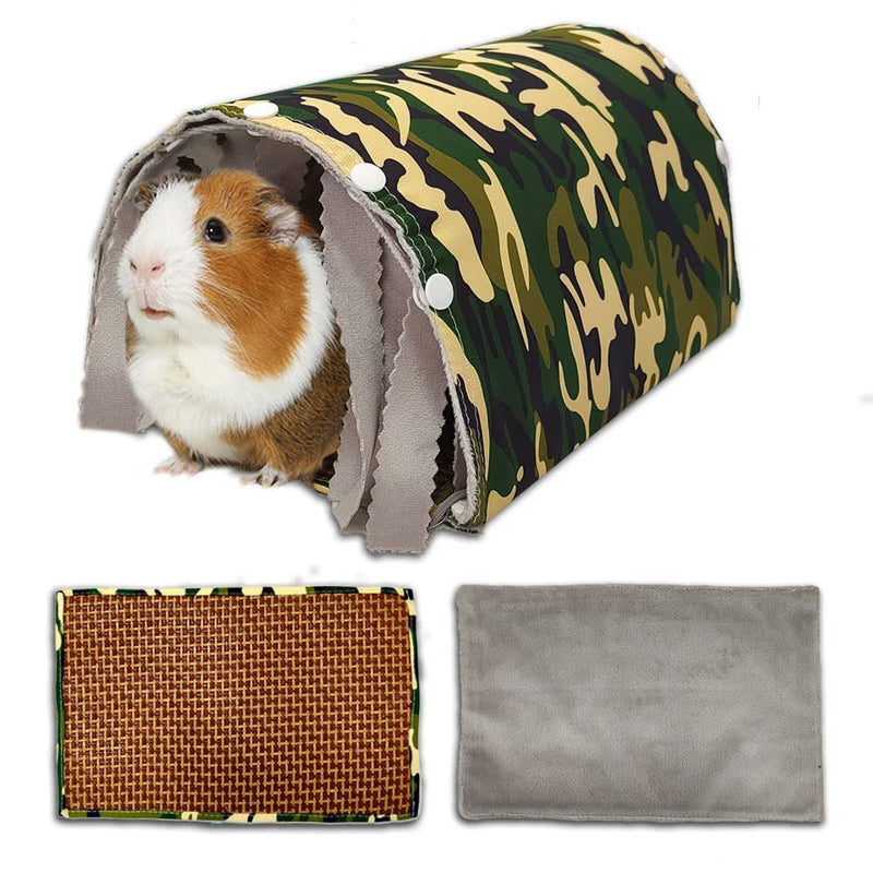 GINIDEAR Guinea Pig Hideout Tunnel Toys Accessories Small Animal Tunnel for Chinchillas, Hedgehogs, Rats and Dwarf Rabbits with Fleece Forest Curtains and Detachable Mats 11" x 7.5" x 6" Camo Green - PawsPlanet Australia