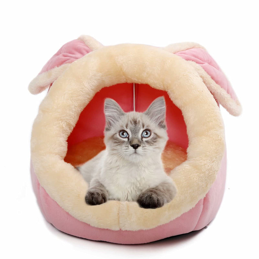 Cat Beds for Indoor Cats - Small Dog Bed with Anti-Slip Bottom, Rabbit-Shaped Cat/Small Dog Cave with Hanging Toy, Puppy Bed with Removable Cotton Pad, Super Soft Calming Pet Sofa Bed (Pink Small) Pink - PawsPlanet Australia