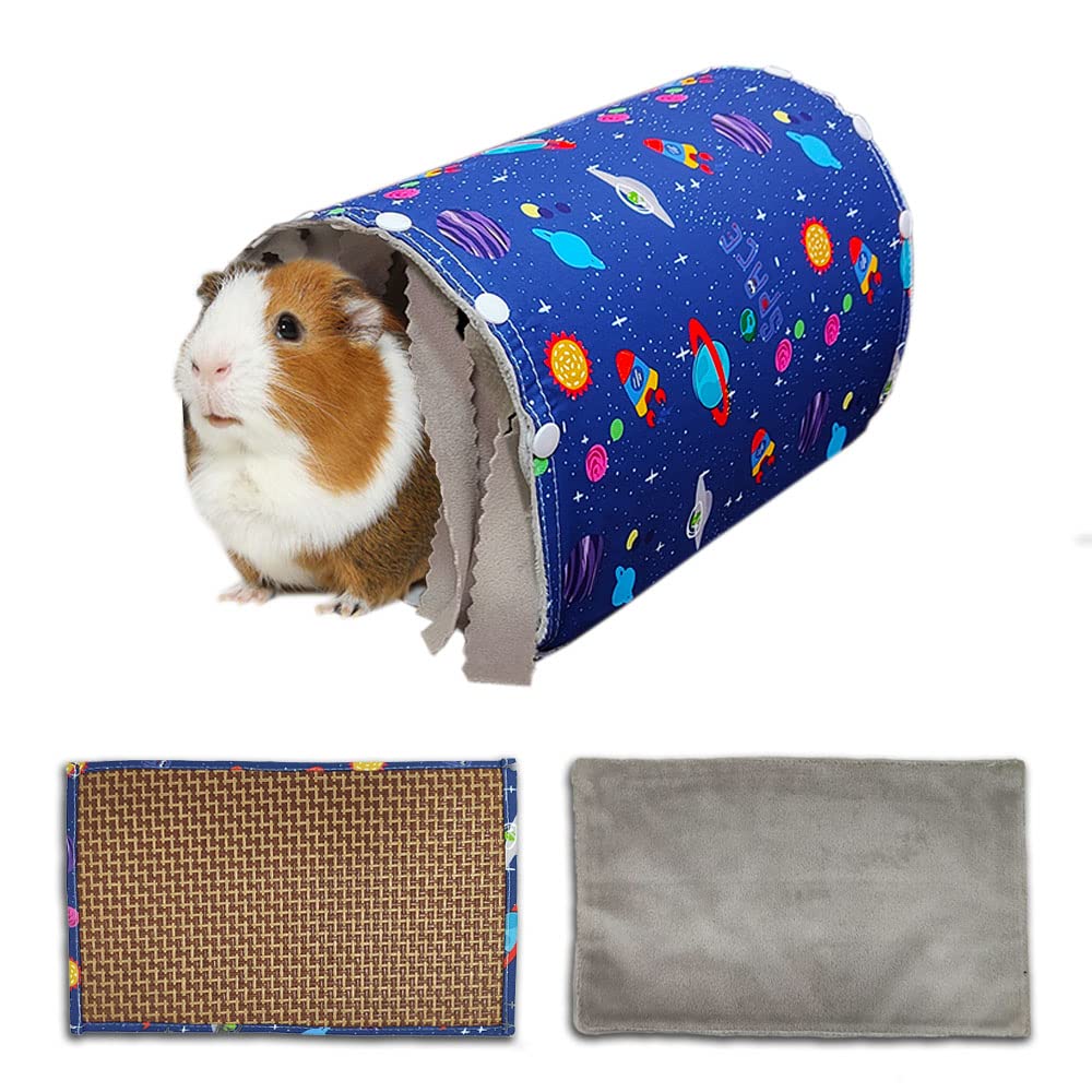 GINIDEAR Guinea Pig Hideout Tunnel Toys Accessories Small Animal Tunnel for Chinchillas, Hedgehogs, Rats and Dwarf Rabbits with Fleece Forest Curtains and Detachable Mats 11" x 7.5" x 6" Blue Space - PawsPlanet Australia