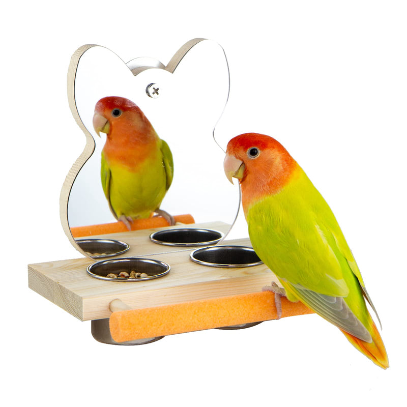 PANQIAGU Parrot Mirror Toy with Stainless Steel Feeding Cups Bird Wooden Frames with Cage Perch for Small Parakeets, Cockatiels, Conures, Finches,Budgie,Macaws, Parrots, Love Birds - PawsPlanet Australia