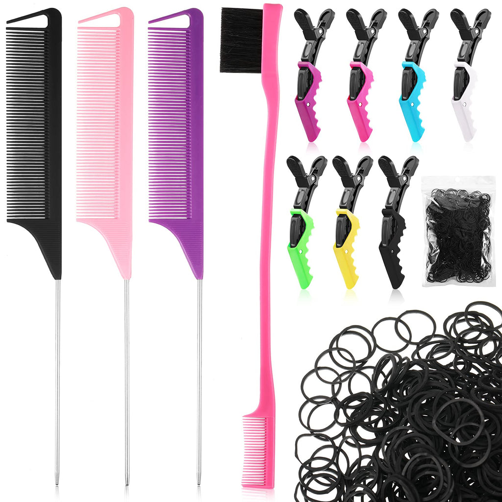12 Pieces Rat Tail Combs Hair Clips Set,3 Rat Tail Combs 7 Alligator Hair Clips Pin Rat Tail Teasing Parting Combs and Mini Rubber Bands,Hair Styling Braiding Comb for Women Girls (Delicate Color) Delicate Color - PawsPlanet Australia