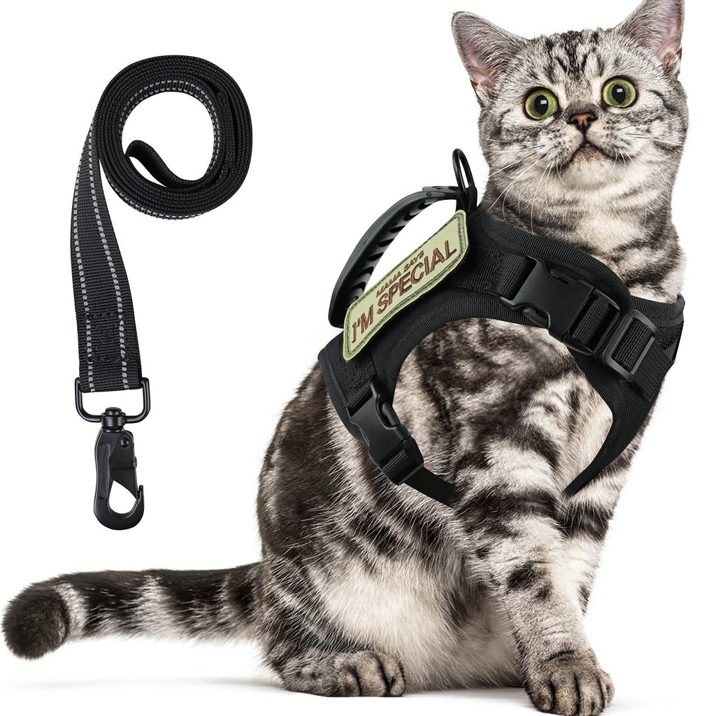 Tactical Cat Harness for Walking Escape Proof,Soft Adjustable Pet Vest Harness for Large Cat, Breathable Mesh Small Dog L A-Black - PawsPlanet Australia