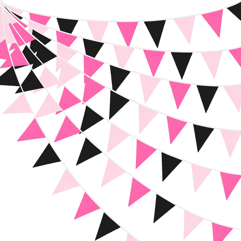 32Ft Rose Hot Pink Black Pennant Banner Fabric Triangle Flag Cotton Bunting Garland for Minnie Mouse Birthday Wedding Anniversary Party Home Nursery Outdoor Garden Hanging Festivals Decoration (36Pcs) - PawsPlanet Australia