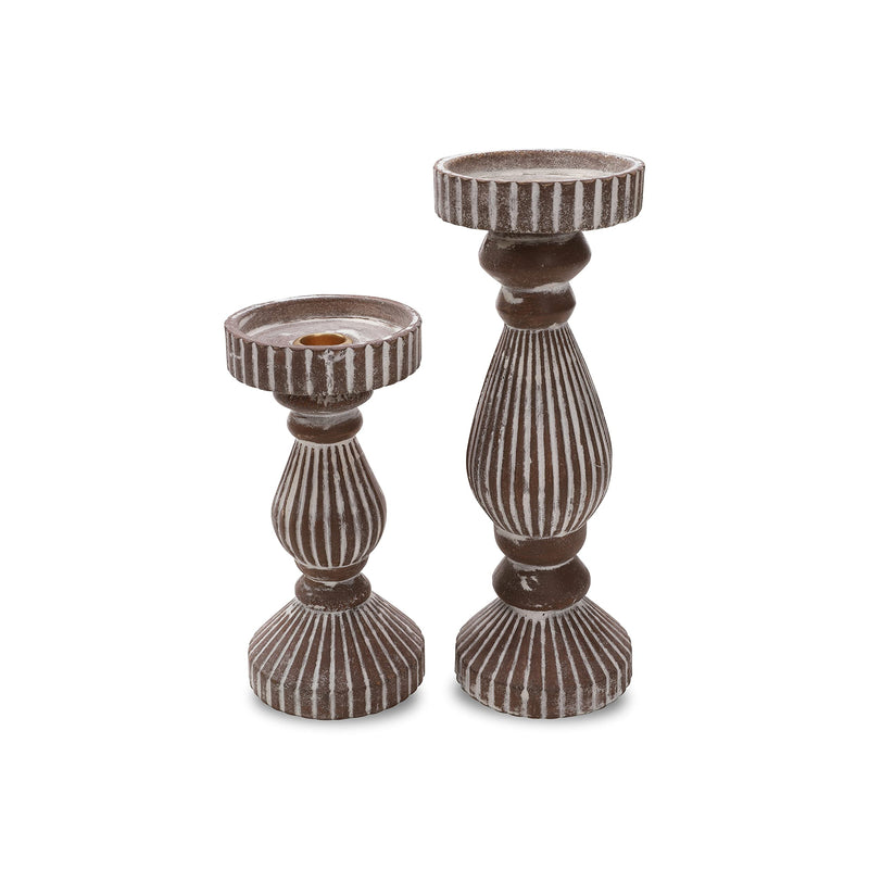 DN DECONATION Wood Candle Holders for Taper and Pillar Candle, Distressed Candle Pedestal in Brown and White, Rustic Candlestick Holder for Wedding Party, Christmas, Farmhouse Dining Table Decoration Washed Brown Set of 2 - PawsPlanet Australia