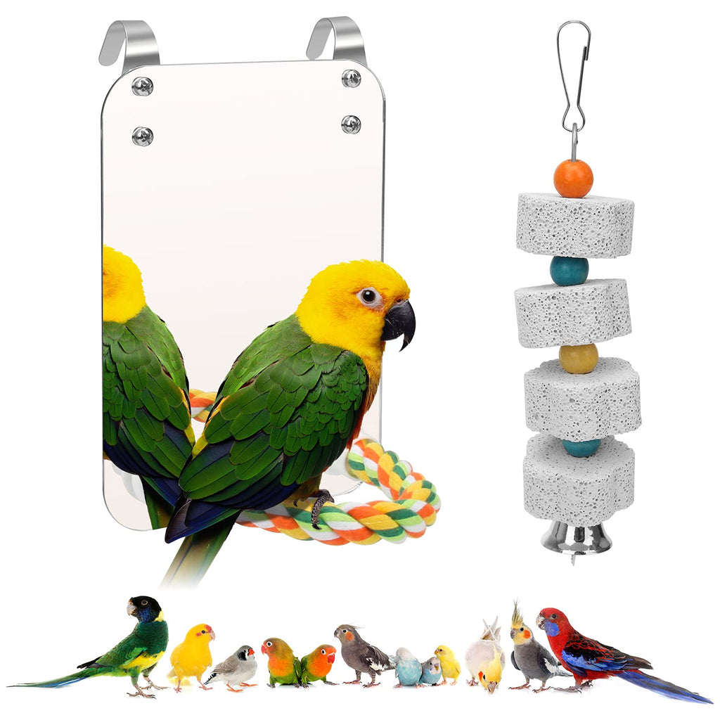 AHIER 7 Inch Bird Mirror with Rope Perch, Bird Toys Swing Parrot Grinding Stone with Bell for Parakeet Cockatoo Cockatiel Lovebirds Canaries - PawsPlanet Australia