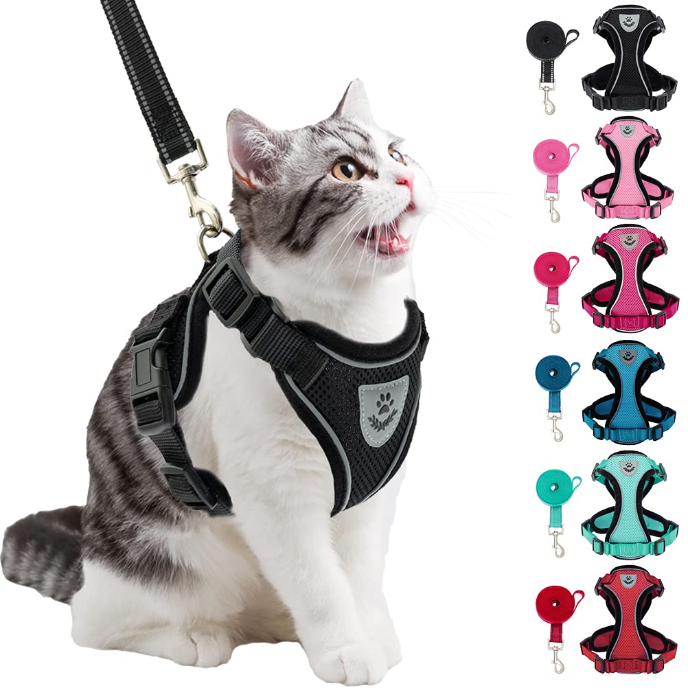 PUPTECK Cat Harness and Leash Set- Adjustable Vest Escape Proof Harness for Kitten Small Medium Cats, Retractable Breathable Soft Mesh for Outside with Reflective Strips S-Neck: 8.5- 11" Chest: 13.5- 16" Black - PawsPlanet Australia