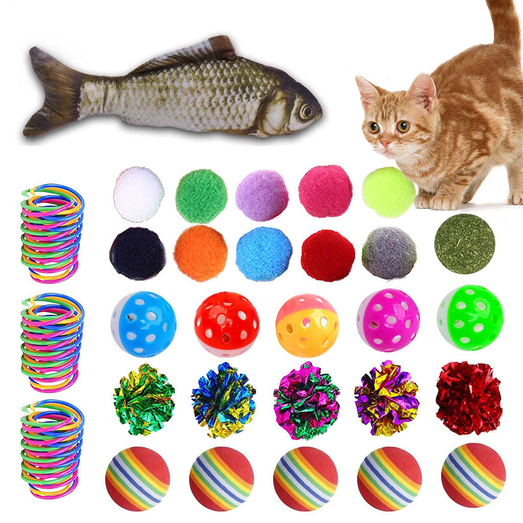 KAYUSITER Cat Toys Set Spiral Springs Assorted Cat Balls Crinkle Furry Cat Mouse Catnip Fish Toys Catnip for Cats Kittens Interactive 39 Piece Set - PawsPlanet Australia