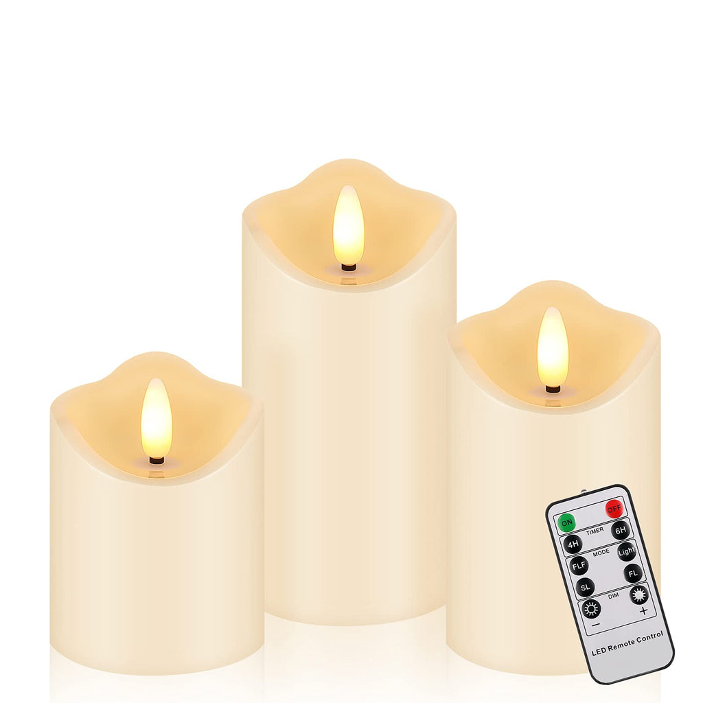 FREEPOWER LED Flameless Pillar Candles with Remote Control, 3D Flickering Realistic with Wick, Timer Fearured and Battery Operated, 4" 6" 5" Lvory Candle for Indoor,Date and Party Decor, Set of 3. - PawsPlanet Australia