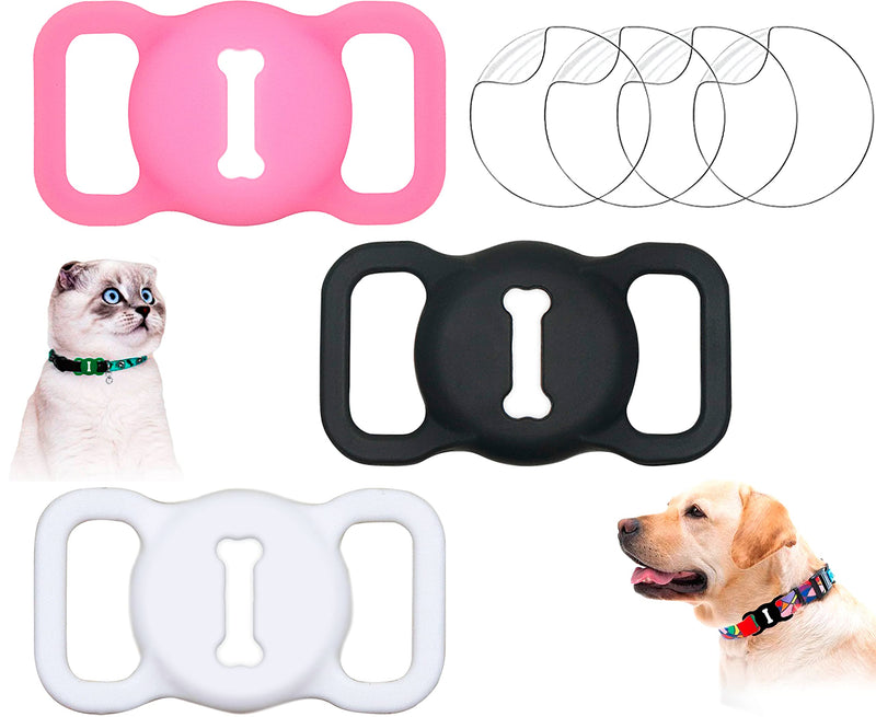 BoneStyle Airtag Holder for Pet Collar + 4 pcs Protective Film Compatible with Apple Air Tag Dog Cat Case, Protective Waterproof Silicone Small Puppy (A Black+White+GlowPink 3 Pack) A Black+White+GlowPink 3 Pack - PawsPlanet Australia