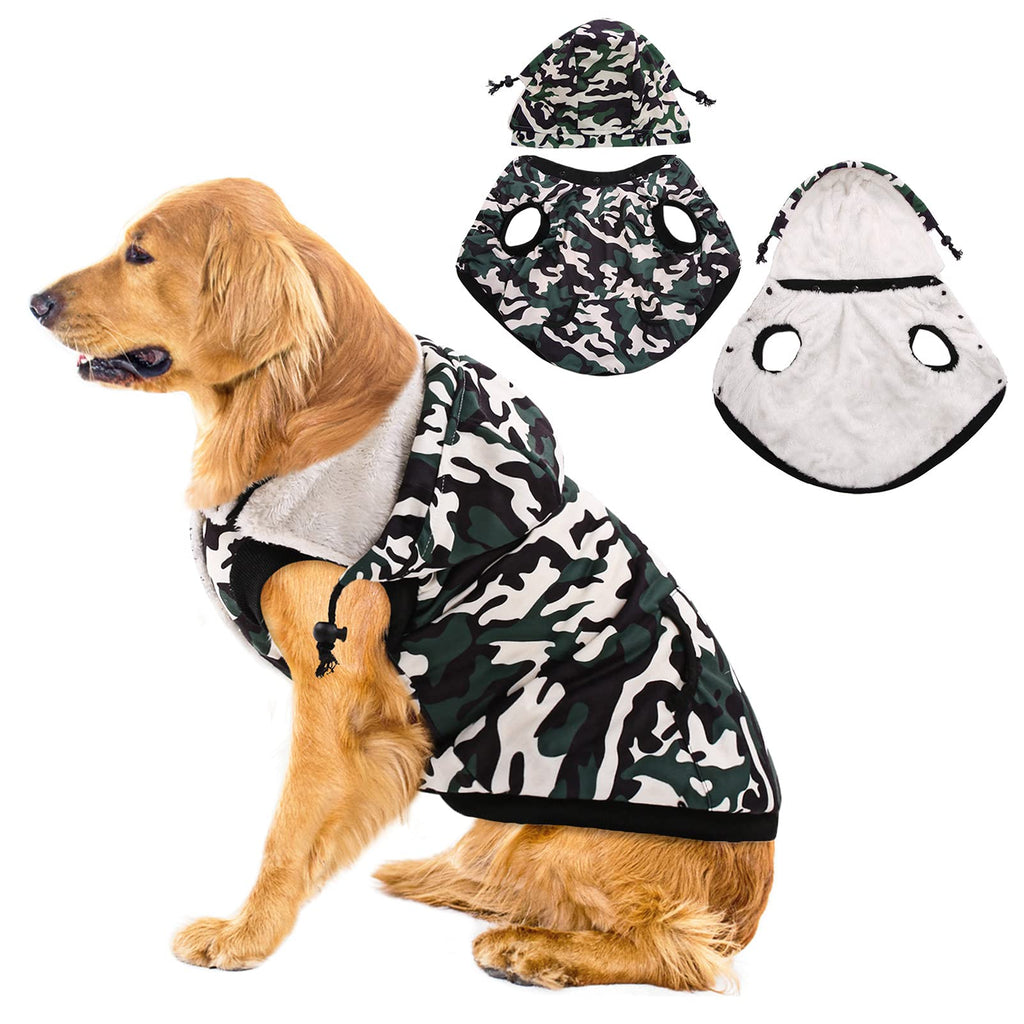 AOFITEE Fleece Dog Hoodie Coat Winter Warm Dog Jacket, Camouflage Print Pet Vest with Detachable Hood, Outdoor Windproof Cold Weather Dog Apparel Camo Padded Clothes for Small Medium Large Dogs Green Camouflage - PawsPlanet Australia