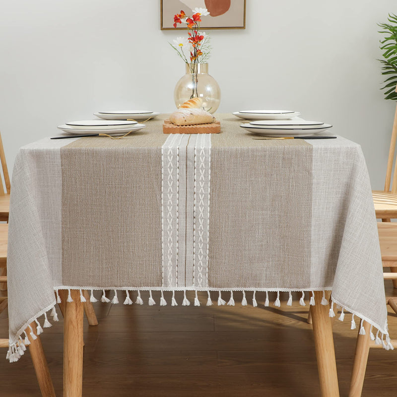 Laolitou Waterproof Tablecloths with Stitching Tassel,,Cotton Linens Wrinkle Free Table Cover Decoration for Dining,Party,Holiday,Christmas,Buffet, Coffee Stripes Square,55"x55",4 Seats Square, 55''x55'', 4 Seats - PawsPlanet Australia