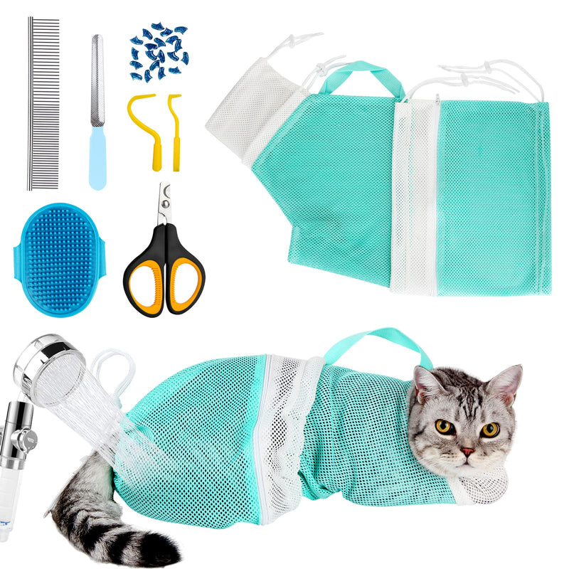 Cat Bag for Bathing 8 PCS Set with Cat Shower Net Bag Adjustable Pet Grooming Brush Nail Clipper Nail File Hair Combs Tick Tool Nail Caps, Nail Trimming Bath Cleaning Supplies Kit for Cats & Dogs Green - PawsPlanet Australia