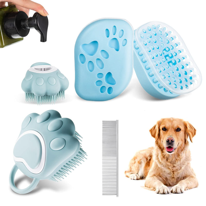 3 Pieces Dog Bath Brush Pet Massage Brush Shampoo Dispenser Soft Silicone Rubber Scrubber Bristle with Pet Stainless Steel Grooming Comb for Dogs and Cats Deshedding Massaging Washing Shower - PawsPlanet Australia