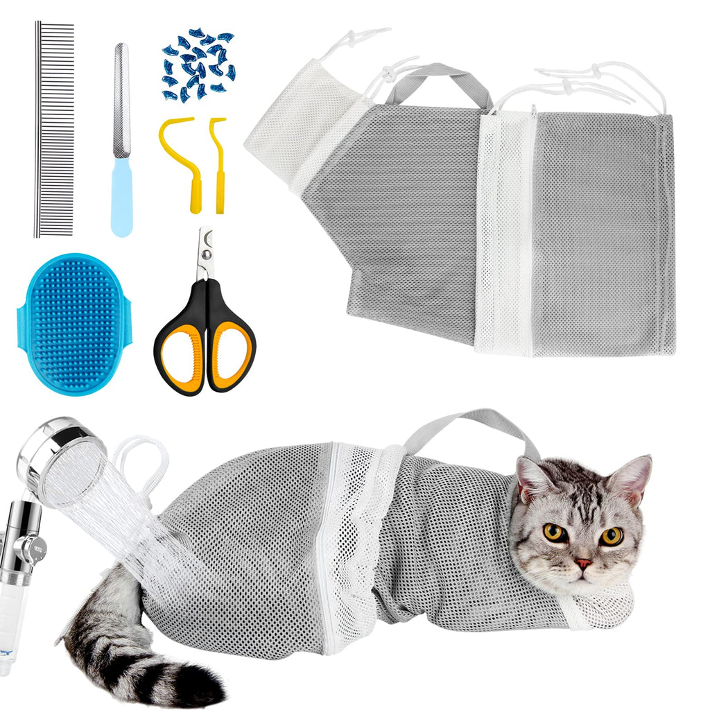 Cat Bag for Bathing 8 PCS Set with Cat Shower Net Bag Adjustable Pet Grooming Brush Nail Clipper Nail File Hair Combs Tick Tool Nail Caps, Nail Trimming Bath Cleaning Supplies Kit for Cats & Dogs Grey - PawsPlanet Australia