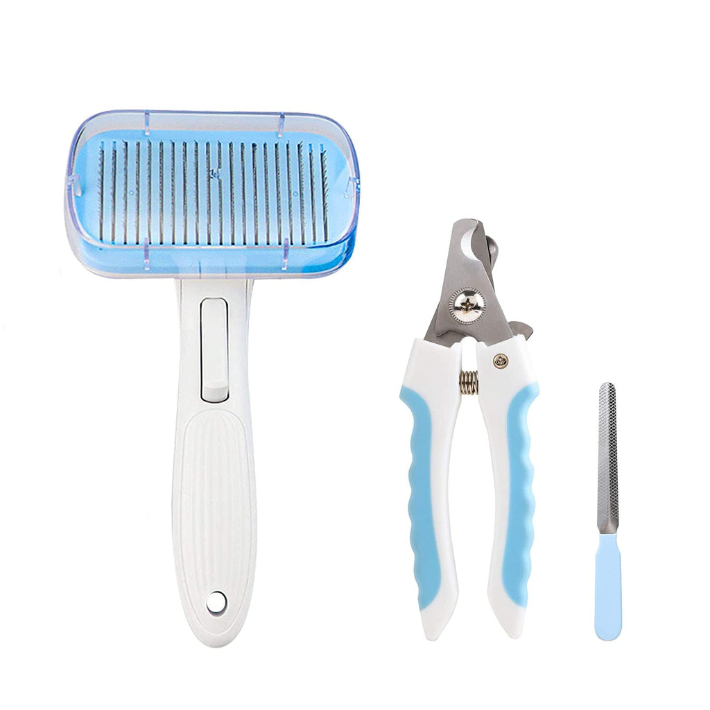 3 in 1 Self Cleaning Slicker Brush with Nail Clipper and Trimmer Set,Cleaning Grooming Comb-Quick Sensor Sharp Clippers-Free Nail File-for Dogs and Cats- Professional Grooming Tool for Pets - PawsPlanet Australia