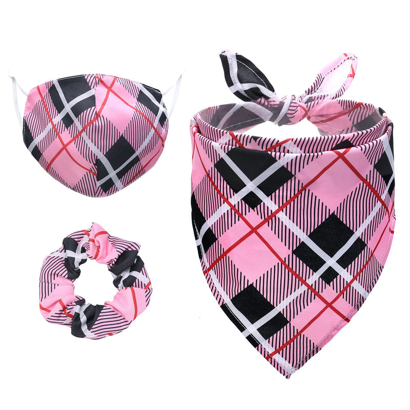 Bandana & Face Mask & Scrunchie Set for Pet and Owner - Classic Plaid Fashionable Breathable Soft Set for Small Medium Large Dogs and Owners Pink - PawsPlanet Australia