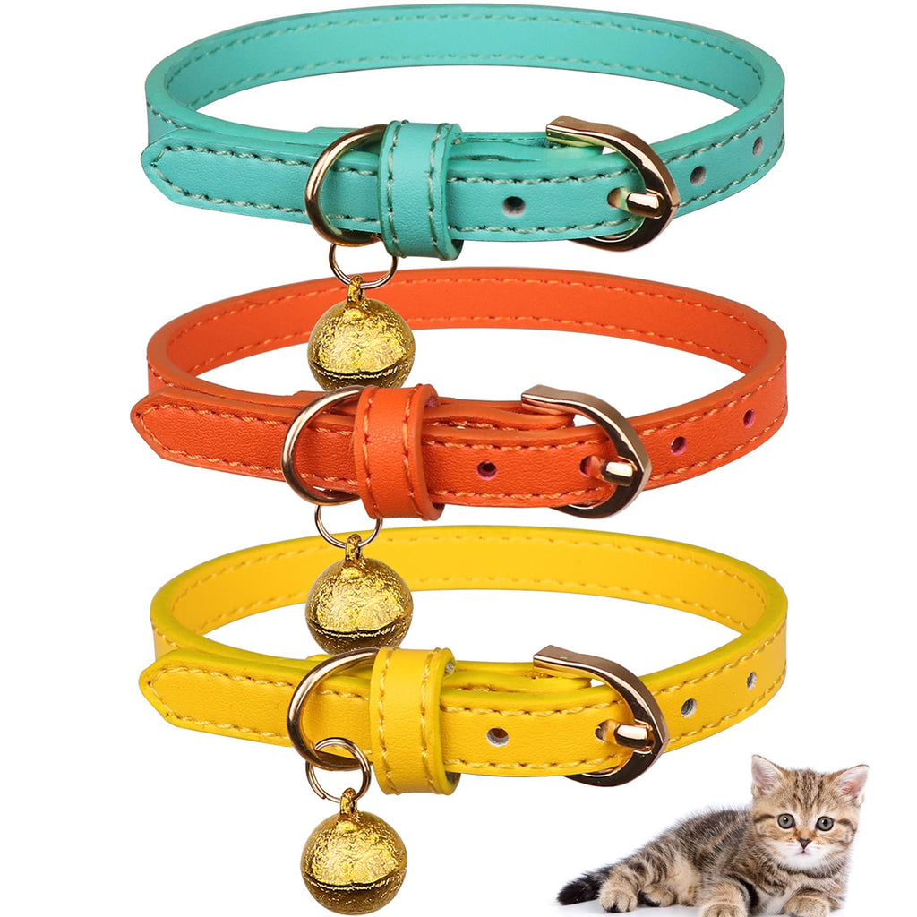 Jamktepat 3 Pack Leather Cat Collars with Bells Soft Pet Safety Collar Kitten Collars with Bell Black Chocolate Beige XS: 6.6"-8.6" Orange+Yellow+Mint Green - PawsPlanet Australia