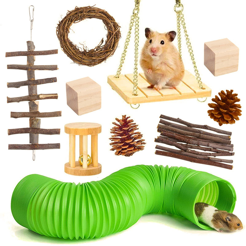 FUAMEY Hamster Chew Toys Set,Small Animal Molar Toy, 12Pcs Drawf Hamster Blanket Teeth CareTunnels Swing Bridge Syrian Hamster Climbing Toys Cage Natural Wooden Accessories for Gerbil Chinchilla 10pcs - PawsPlanet Australia