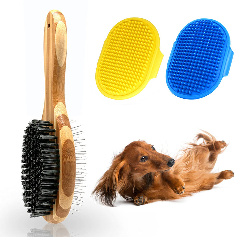 TTEIOPI 3 Pieces Dog Brush and Cat Brush, Large Bamboo Double Sided Oval Pin Brush & Bristle Grooming Brush for Pets with Long or Short Hair Removes Tangles, Dust and Dirt. - PawsPlanet Australia