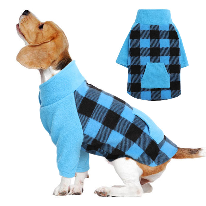 Warm Plaid Dog Winter Sweater Stand Collar for Small Medium Puppy, Dog Cold Weather Coat Jacket Sleeve Outfit with Leash Hole Comfortable Sheared Fleece Dog Pet Clothes for Beagle Corgi Blue - PawsPlanet Australia