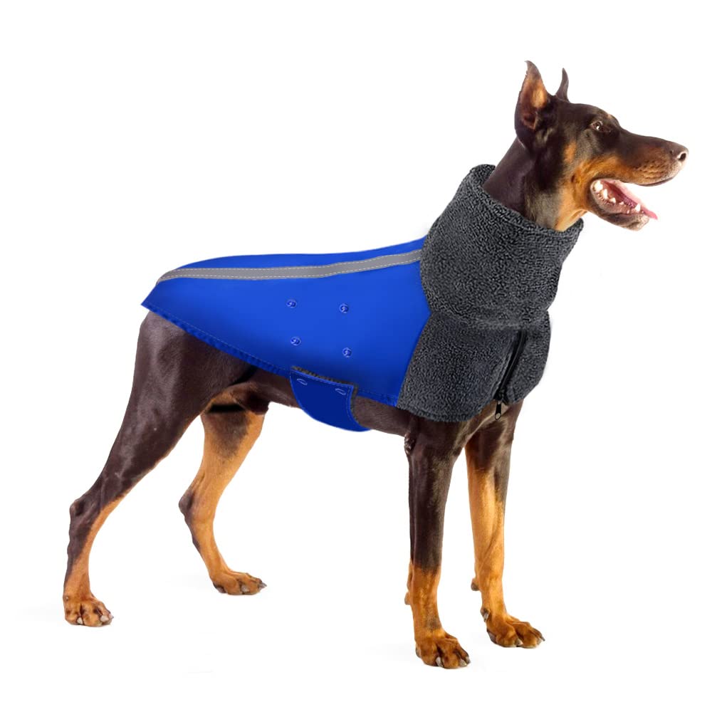 SlowTon Winter Dog Coat, Warm Polar Fleece Lining Doggie Outdoor Jacket with Turtleneck Scarf Reflective Stripe Adjustable Waterproof Windproof Puppy Vest Soft Pet Outfits Blue Large (Chest 24.8"-28.7") - PawsPlanet Australia