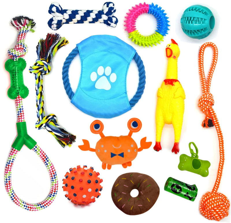 Zixx Dogs Chew Toys - 13 Pack Set Puppy Toys, Dog Teething Toys, Heavy Rope Toy for Teeth Cleaning and Prevent Boredom, Stuffing Squeaky Toys - Small Size Dogs - PawsPlanet Australia
