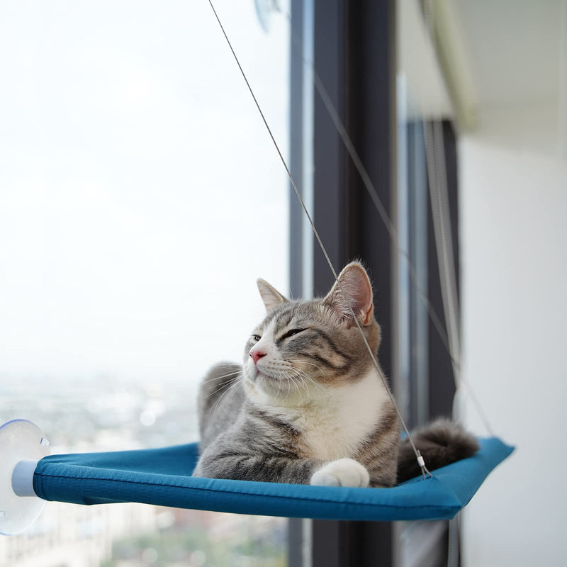 VOOPET Cat Window Perch Space Saving Cat Hammock - Safe Stable and Comfortable Indoor Cats Sunny Bed, Kitty Resting Seat Window Mounted for Large Cats Premium Set Denim Blue - PawsPlanet Australia
